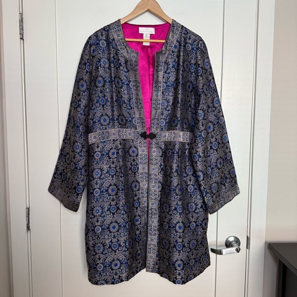 Soft Surroundings Kimono Jacket Sz 1X Blue Gold Metallic Tapestry Jacquard Royal